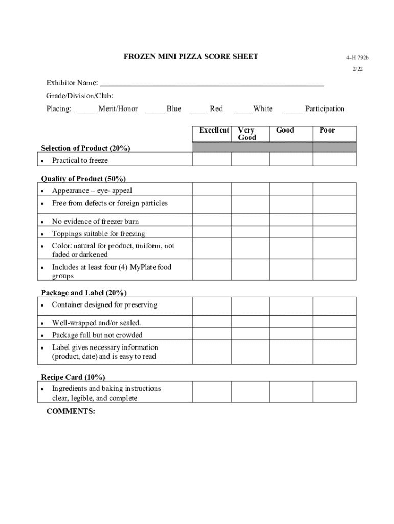  FROZEN MINI PIZZA SCORE SHEET Exhibitor Name 2022-2024