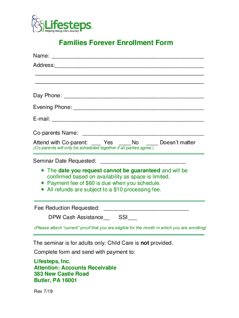 Families Forever Enrollment Form Name Address Da