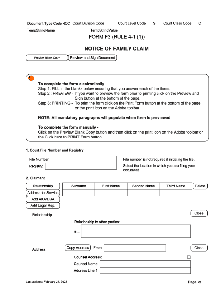  Notice of Family Claim Form F3 Bc 2023-2024