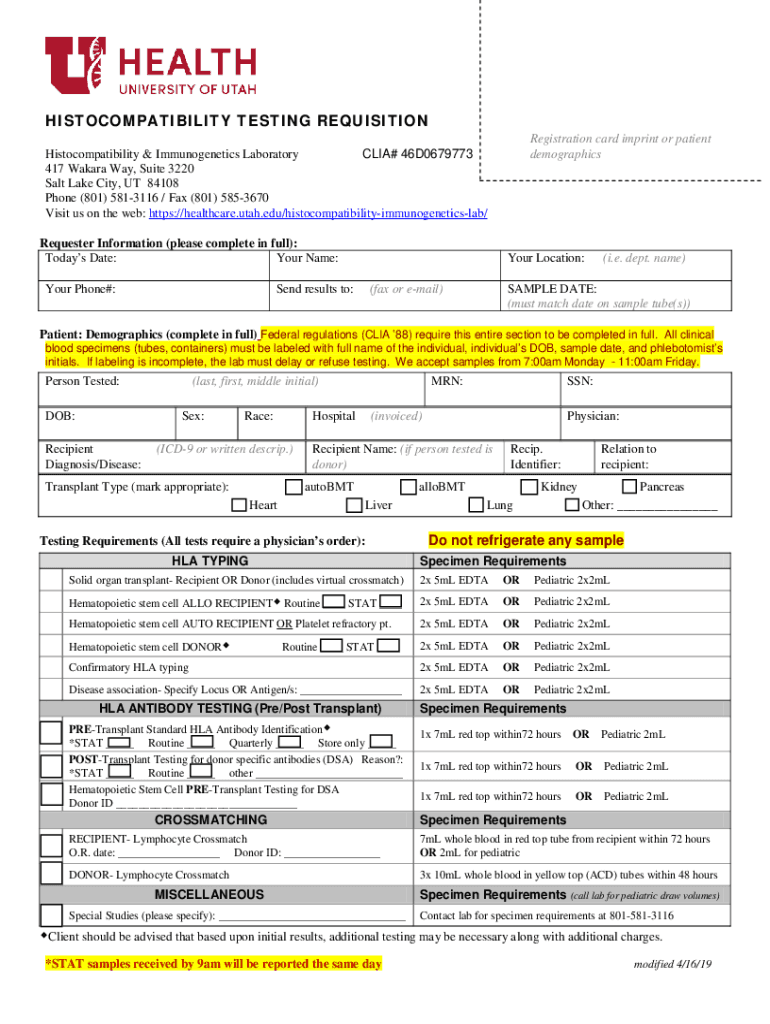  HISTOCOMPATIBILITY TESTING REQUISITION 2019-2024