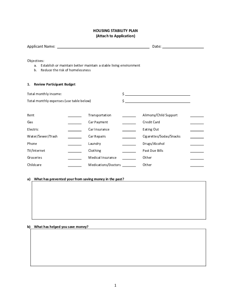 HOUSING STABILITY PLAN Attach to Application App  Form