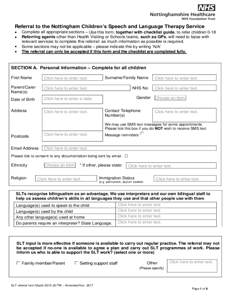 Children&#039;s Speech and Language Therapy Service  Form