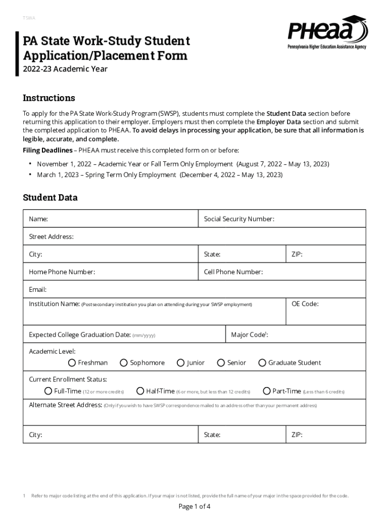 Pennsylvania State Work Study Application  Form