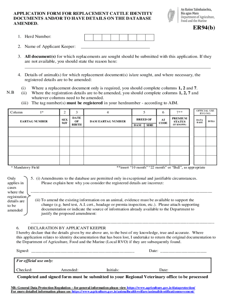 Er94b APPLICATION FORM for REPLACEMENT CATTLE IDENTITY DOCUMENTS ANDOR to HAVE DETAILS on the DATABASE AMENDED