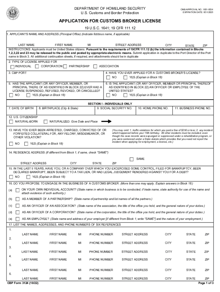  CBP Form 3124 Application for Customs Broker License 2022-2024