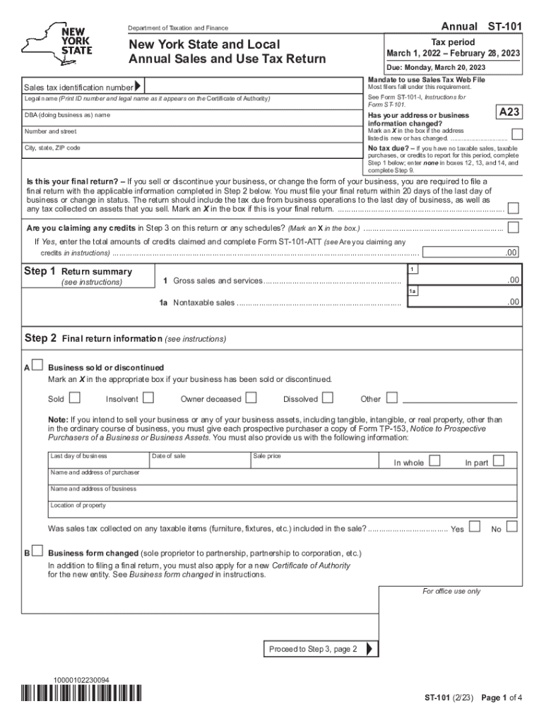  Form ST 101 New York State and Local Annual Sales and Use Tax Return Revised 223 2023-2024