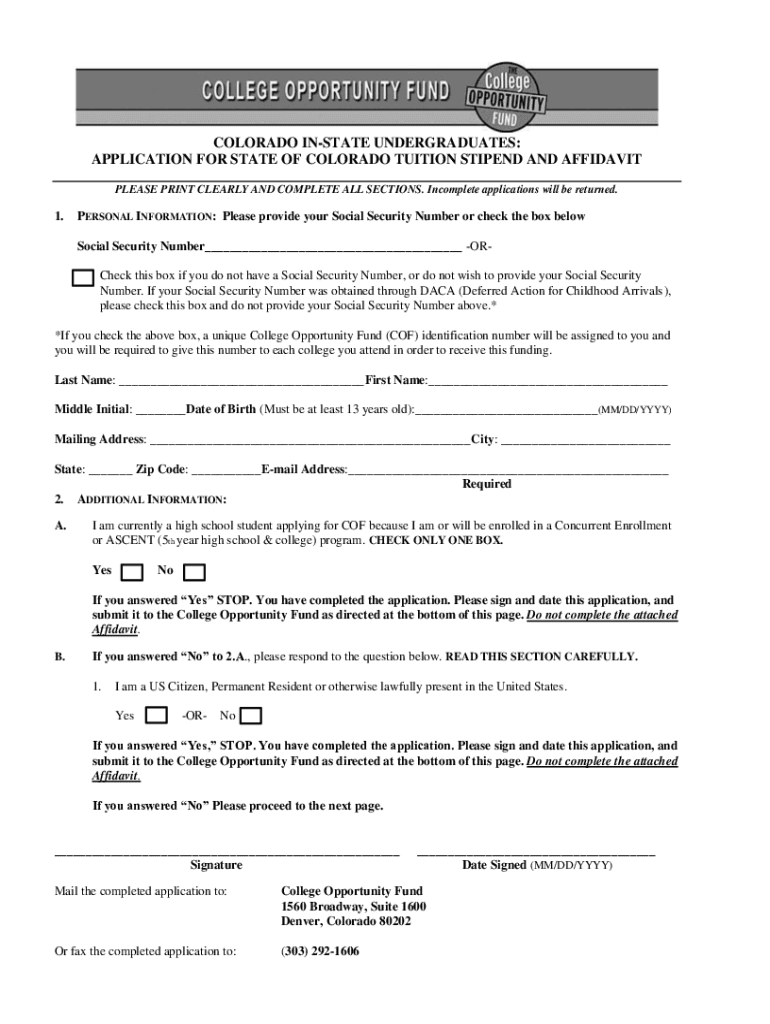 Fillable Online Highered Colorado Cof Affidavit  Form