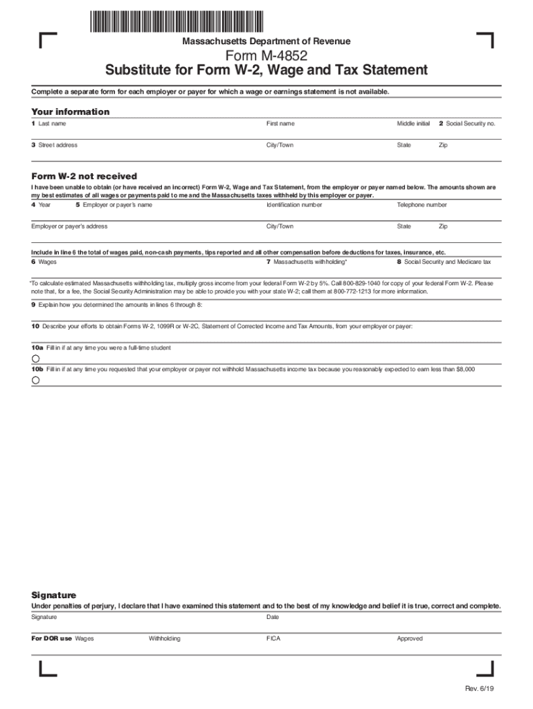 Form M 4852 Substitute for Form W 2, Wage and Tax