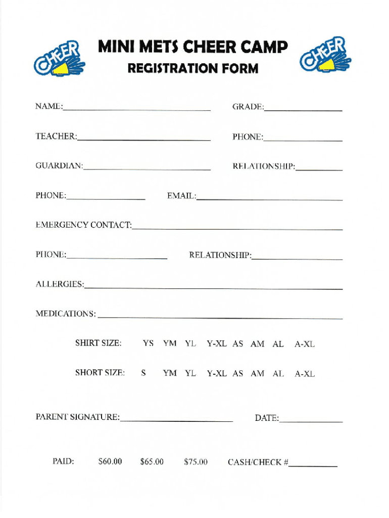  Mini Mets Cheer Camp Registration Form Participant 2018-2024