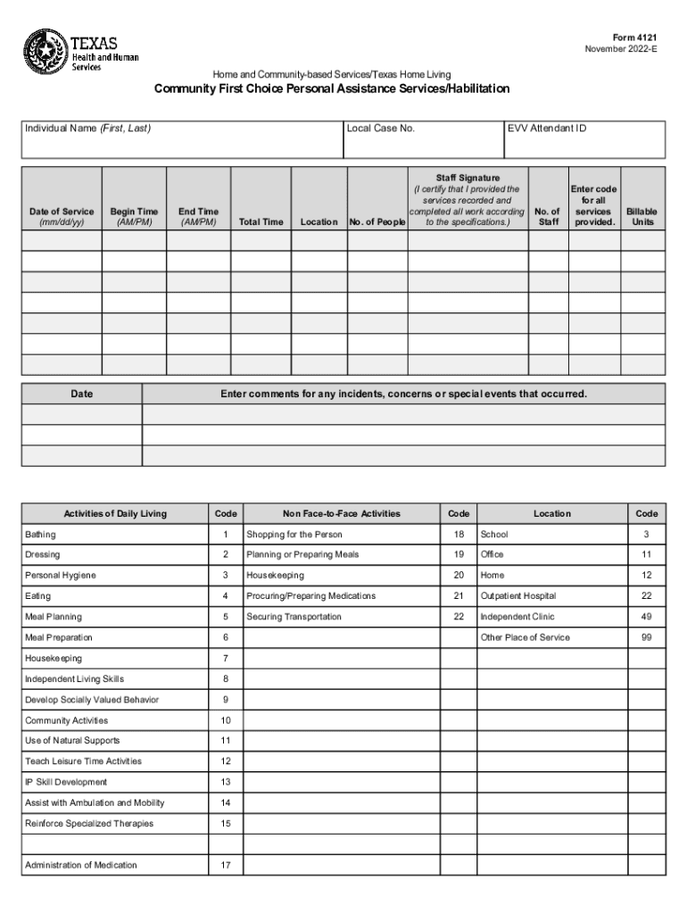 Form 4121, Home and Community Based ServicesTexas
