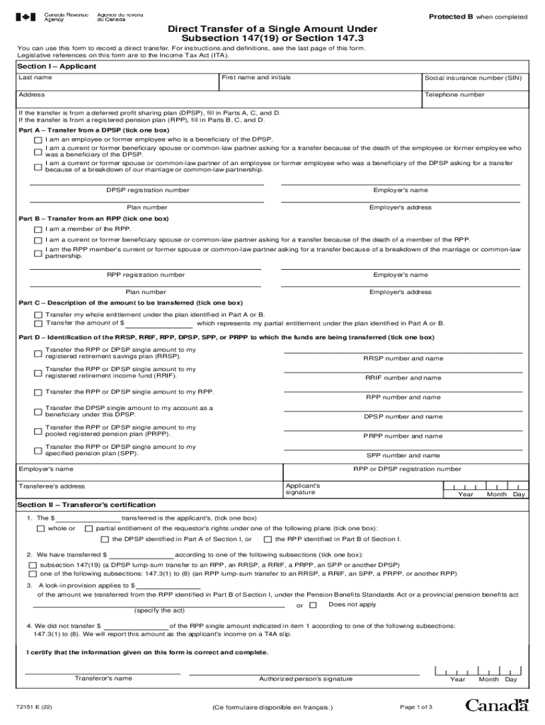  Canada Form T2151 Fill and Sign Printable Template 2022-2024