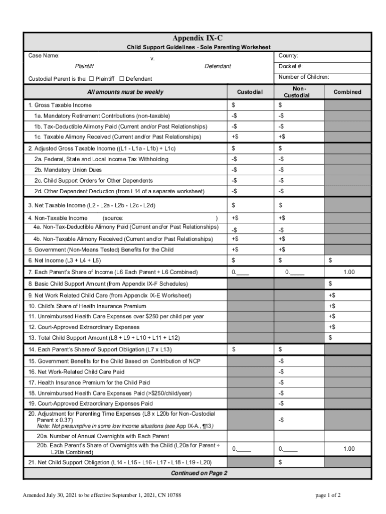 Child Support Guidelines Sole Parenting Worksheet Rule Appendix IX C  Form