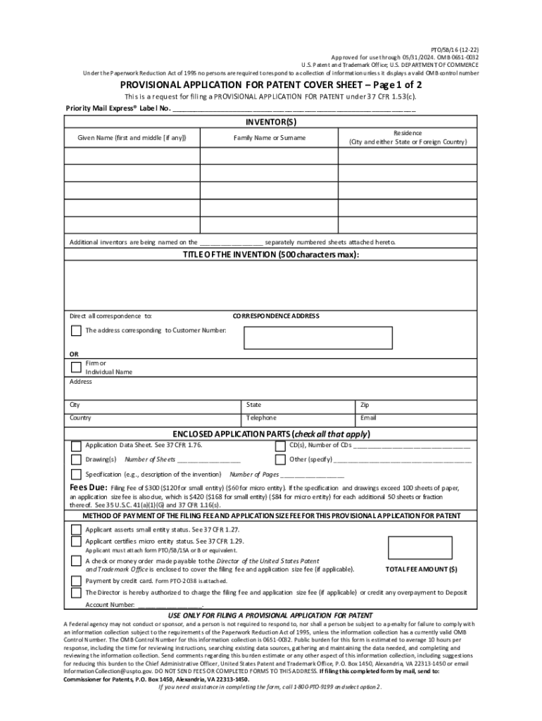  Provisional Application for Patent Cover Sheet 2022-2024