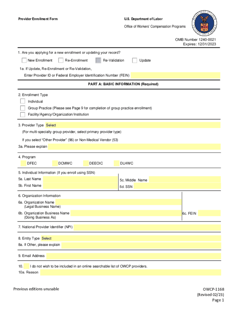  Provider Enrollment Form OWCP 1168 2023-2024