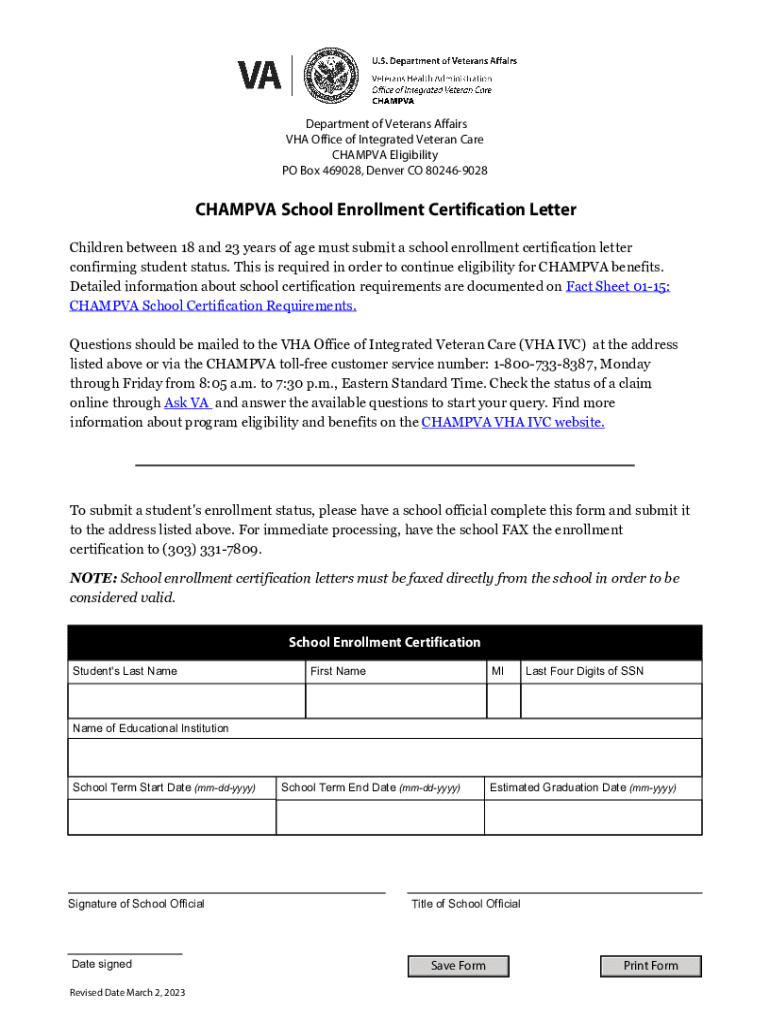  CHAMPVA School Enrollment Certification Letter a Combined Letterform that Confirms School Enrollment so the Student Can Remain E 2023-2024