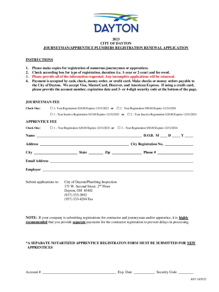  Journeyman and Apprentice Registration Form City of 2023-2024