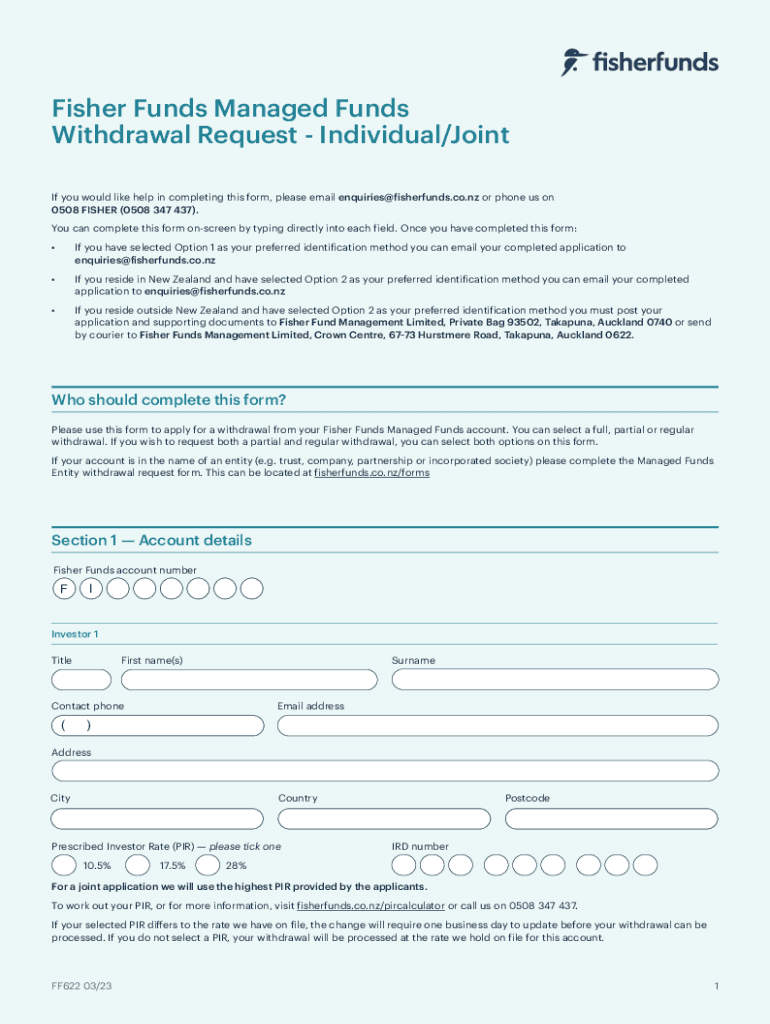 Fisher Funds Managed Funds Withdrawal Request Entity  Form