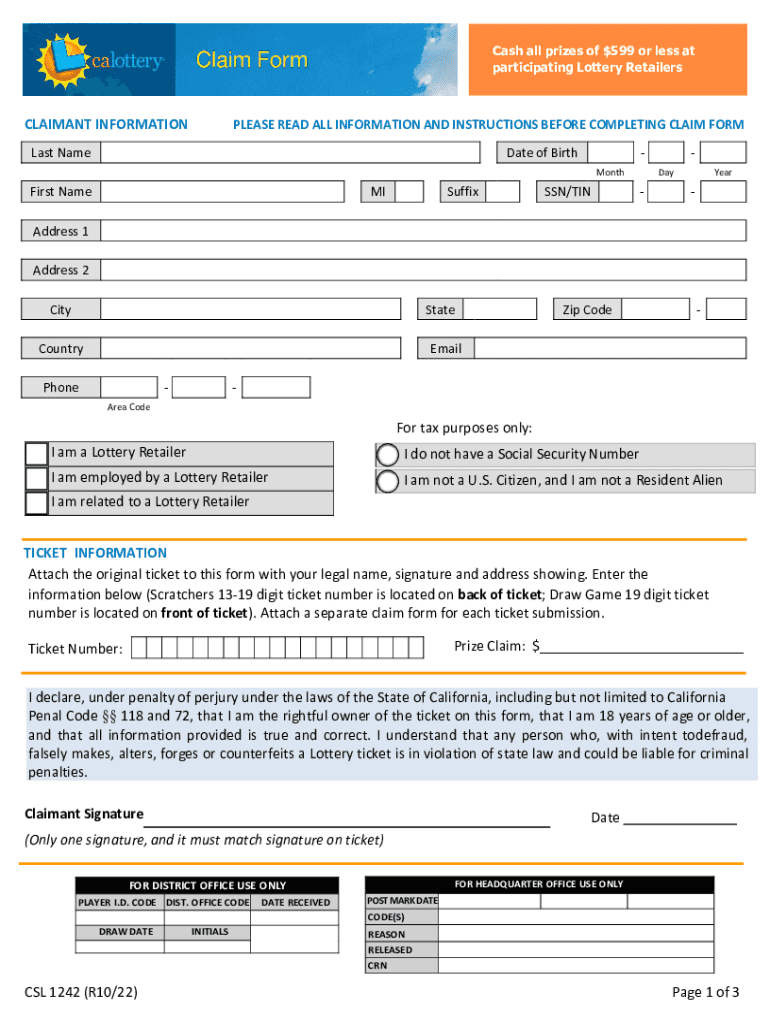  CSL 1242 Claim Form PDF Cash All Prizes of $599 or Less 2022-2024