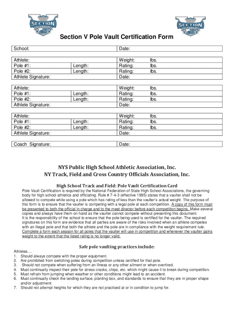 Section V Pole Vault Certification Form