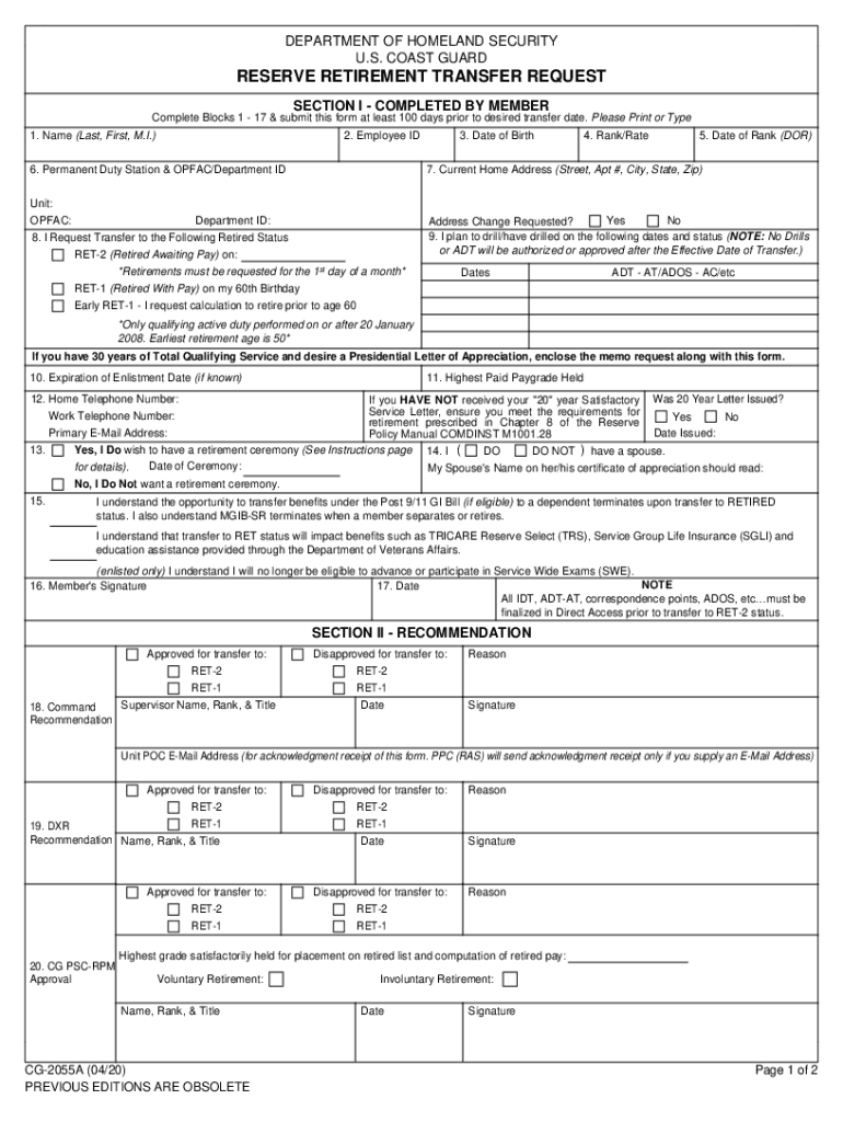 CG2055A PDF Reserve Retirement Transfer Request 2020-2024