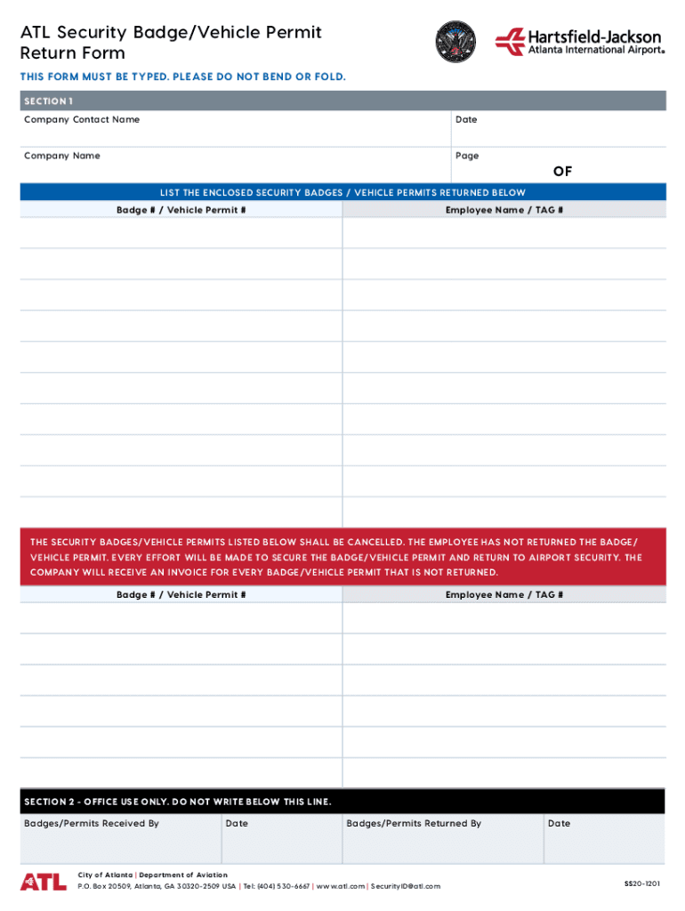  ATL Security BadgeVehicle Permit Return Form THIS 2020-2024