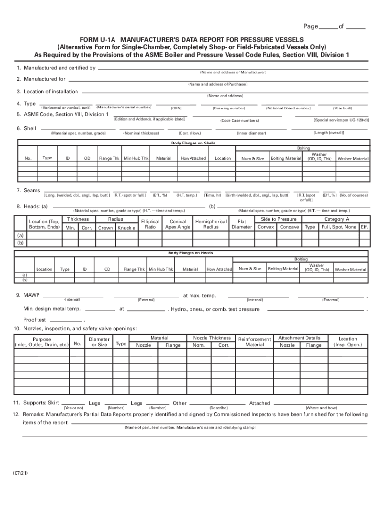 Form U 1a Manufacturer&#039;s Data Report for Pressure Vessels