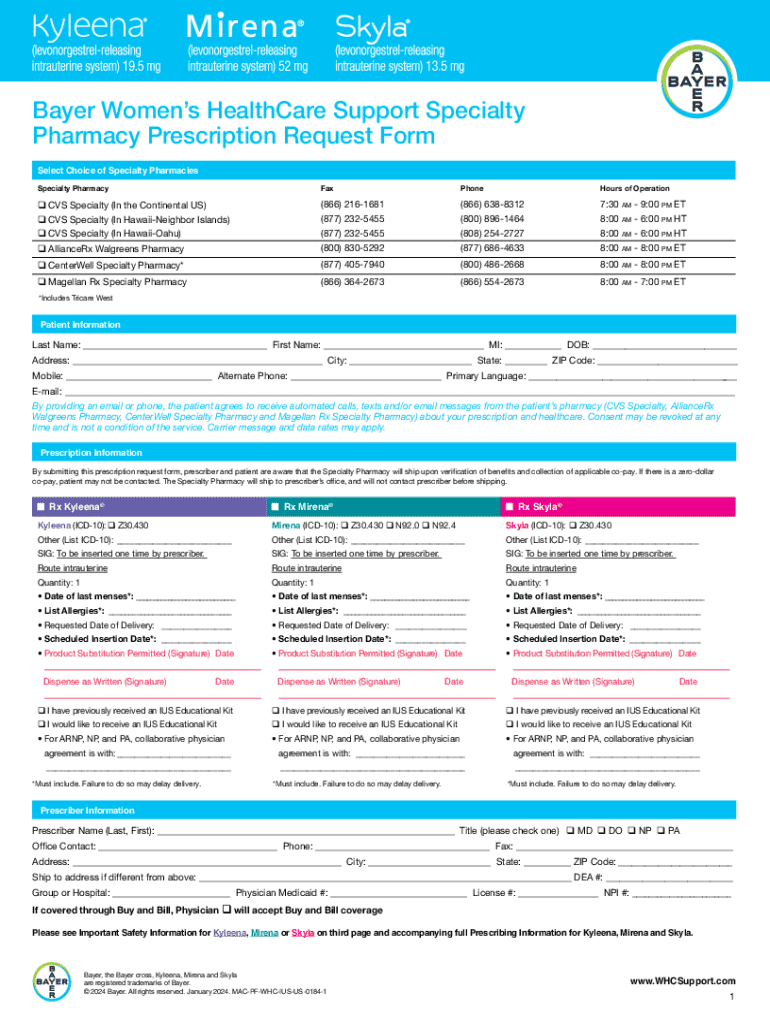  Bayer Women S HealthCare Specialty Pharmacy Prescription Request Form 2024-2026