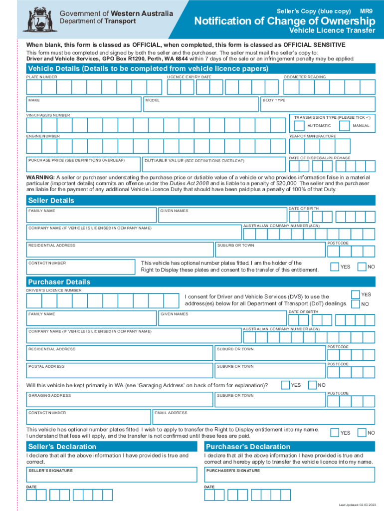  Vehicle Licence Transfer Form MR 9 2023-2024