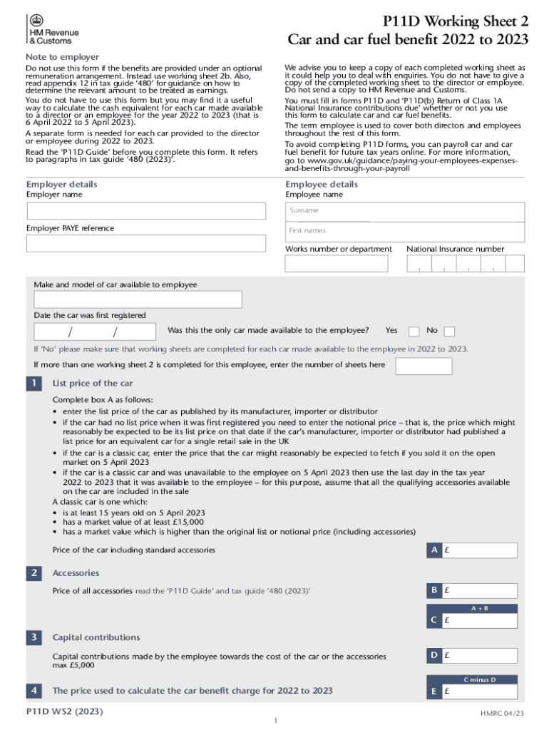  P11D Working Sheet 2 Car and Car Fuel Benefit to GOV 2023