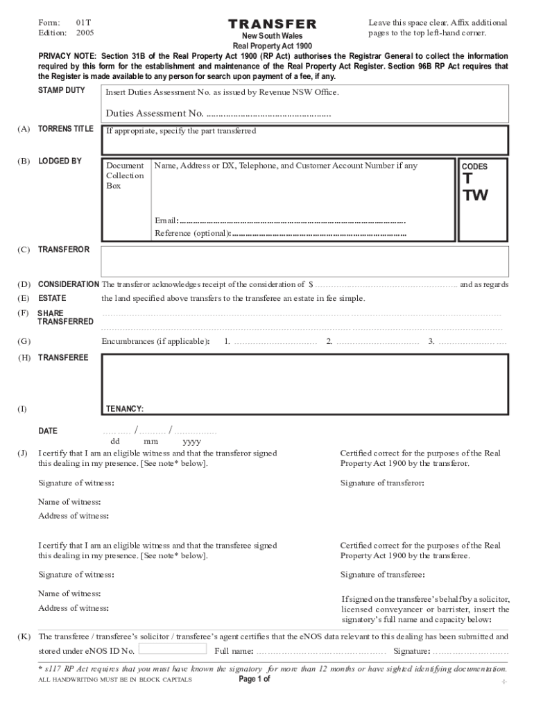 Torrens Transfer Form STAMP DUTY Revenue NSW Use