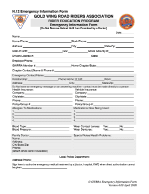 N 12 Emergency Information Form GOLD WING ROAD Gwrra Ny