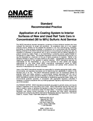 NACE Standard RP0592 Application of a Coating System to Interior Surfaces of New and Used Rail Tank Cars in Concentrated 90 to 9  Form