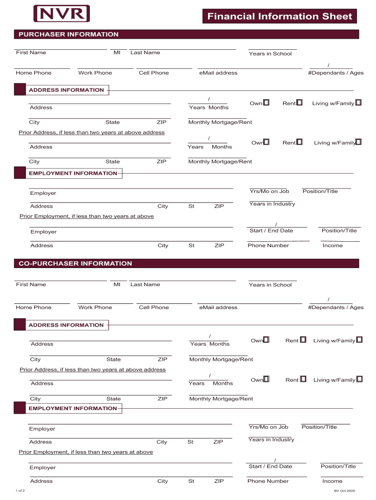  Financial Information Sheet  NVR Mortgage 2009-2024