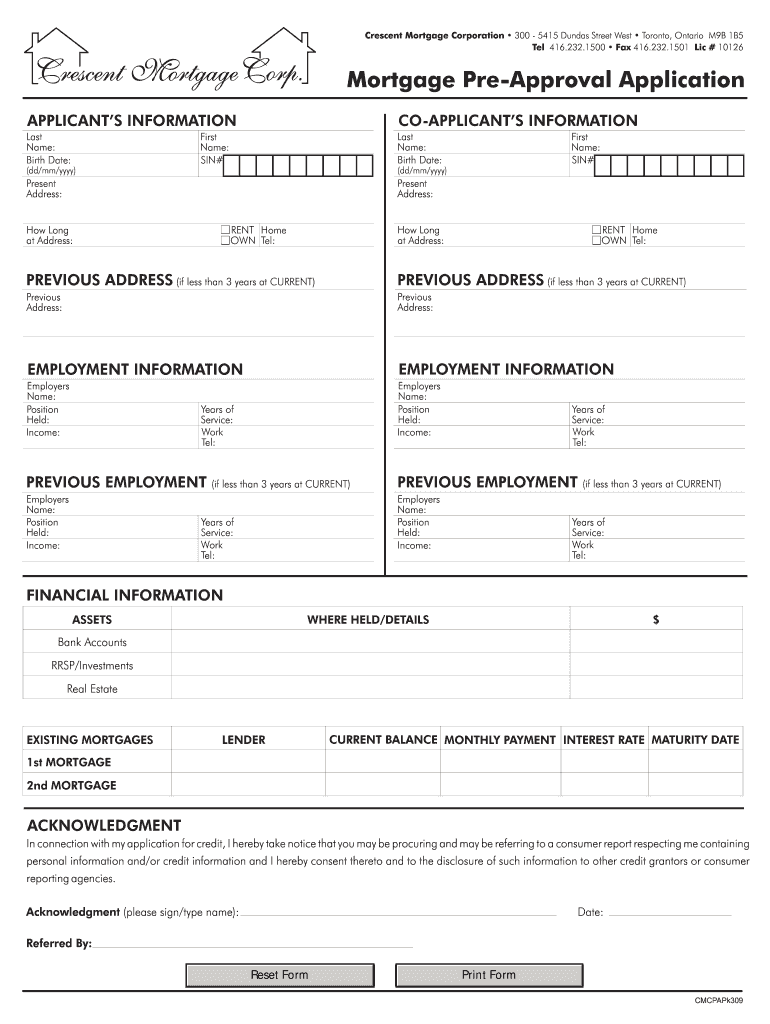 Mortgage Pre Approval Application Crescent Mortgage Corp Crescentmortgage  Form