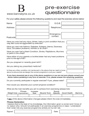 Pre Exercise Questionnaire  Form