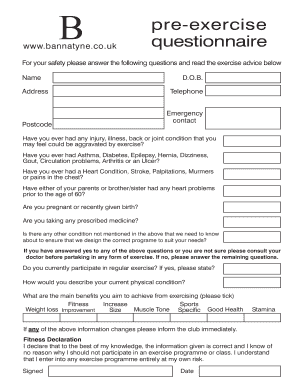 Exercise Questionnaire Form Fill Out