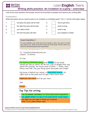 Writing Skills Practice an Invitation to a Party Exercises  Form