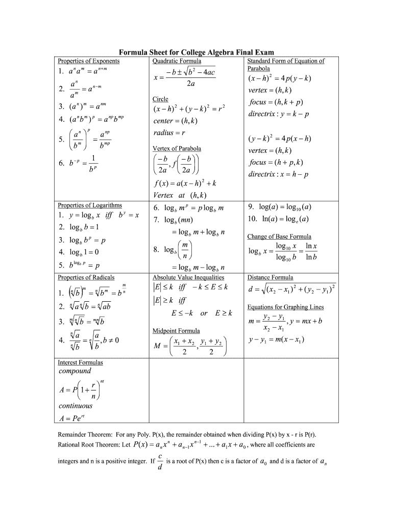 College Algebra Formulas