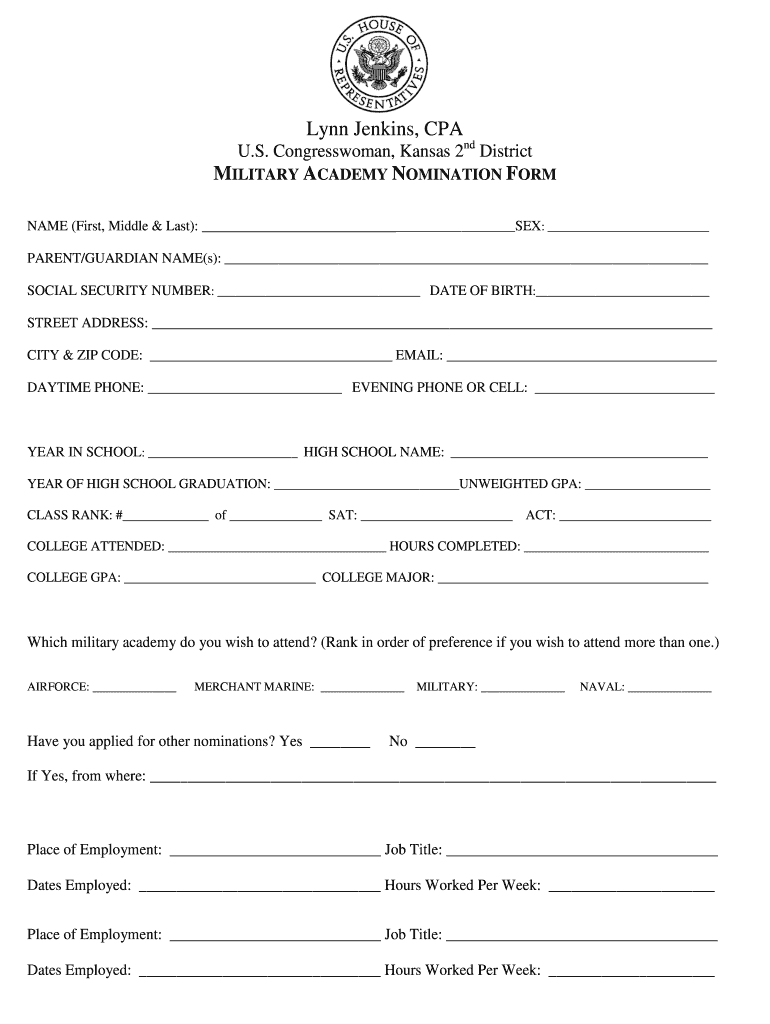 Academy Nomination Form  Congresswoman Lynn Jenkins  Lynnjenkins House