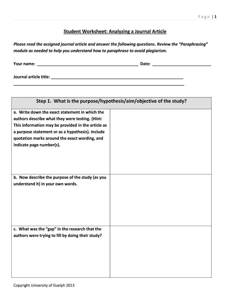 Student Worksheet Analyzing a Journal Article  Form