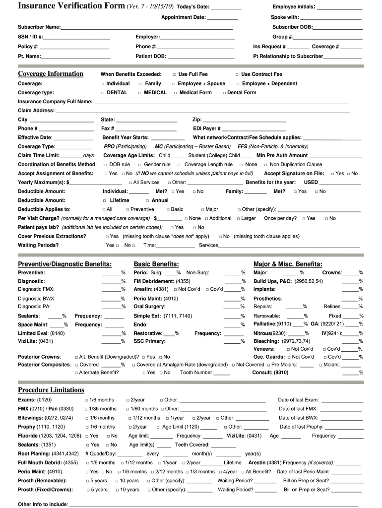  Insurance Verification Form Ver 2010