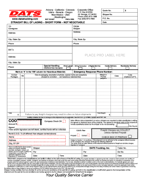 Dats Trucking Bill of Lading  Form