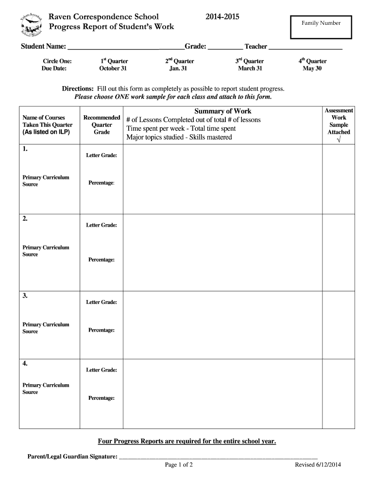  Progress Report Form  Raven School 2014