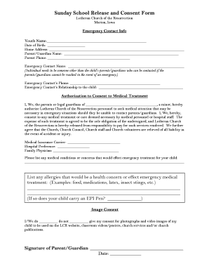 Sunday School Release and Consent Form Lcrmarion
