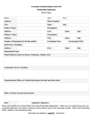 Centralia Chehalis Emblem Club #163 Scholarship Application Rochester Wednet  Form