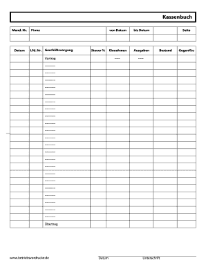 Kassenbuch Vorlage PDF  Form