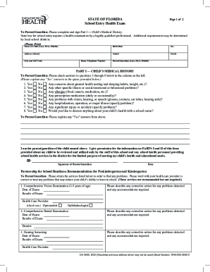 School Entry Health Exam Form