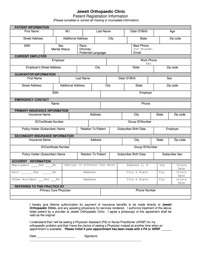 Jewett Orthopaedic Clinic Patient Registration  Form
