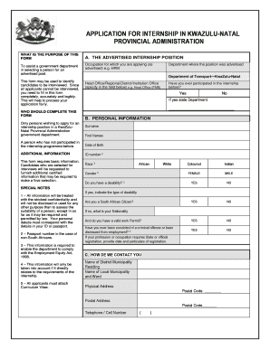 Application for Internship in Kwazulu Natal Provincial Administration Format