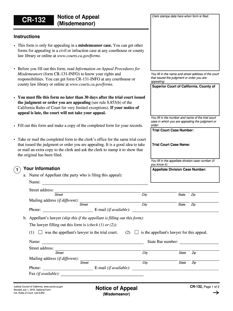  Cr 132 Notice of Appeal  Form 2015